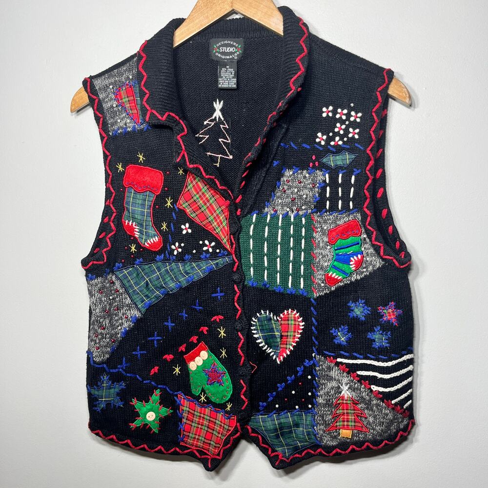 VTG Designers Originals Sweater Vest Ugly Christmas Black Embroidered Beaded M